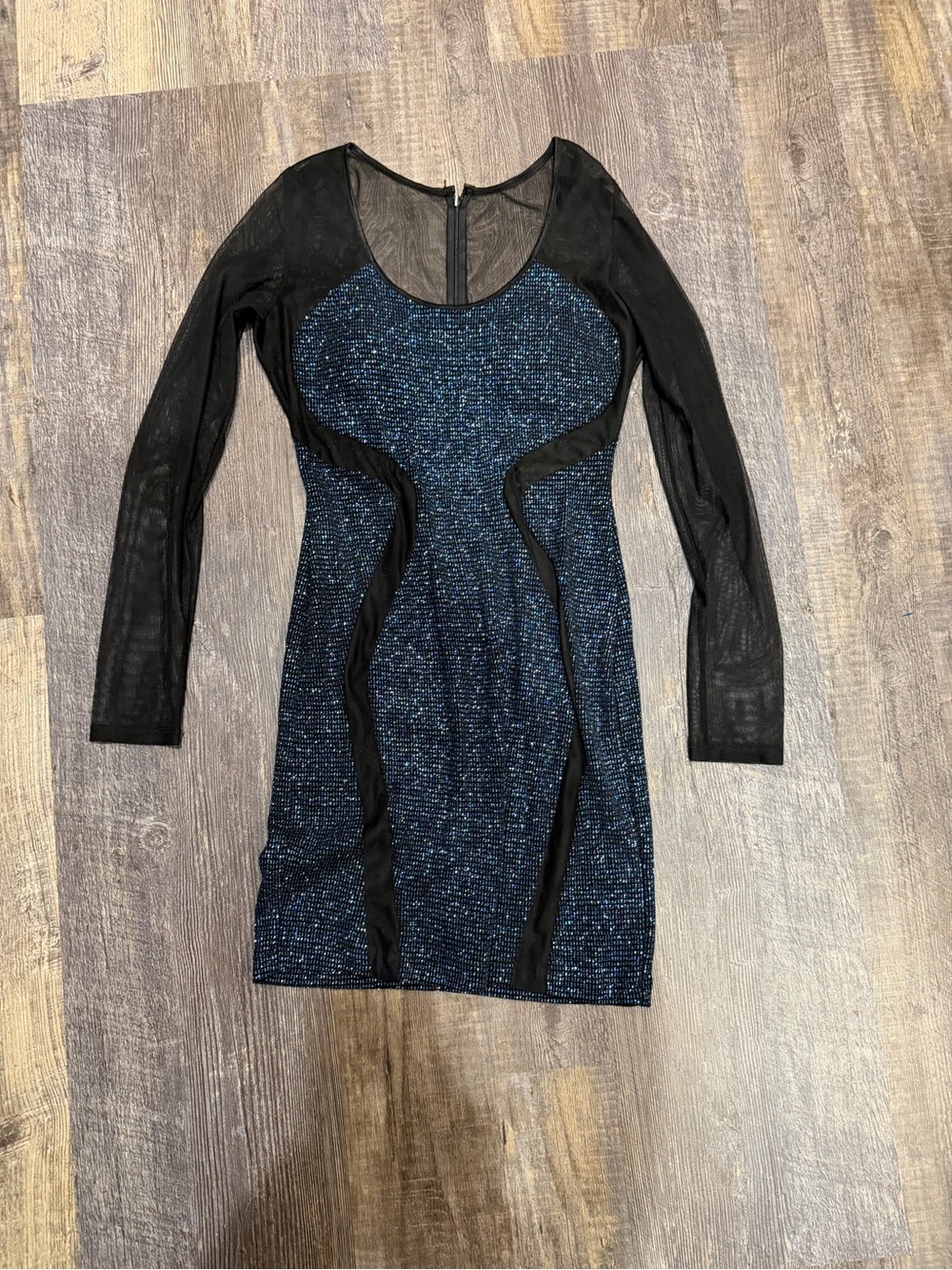 Arden B Black & Blue Sparkle Bodycon Midi Dress with Mesh Sleeves